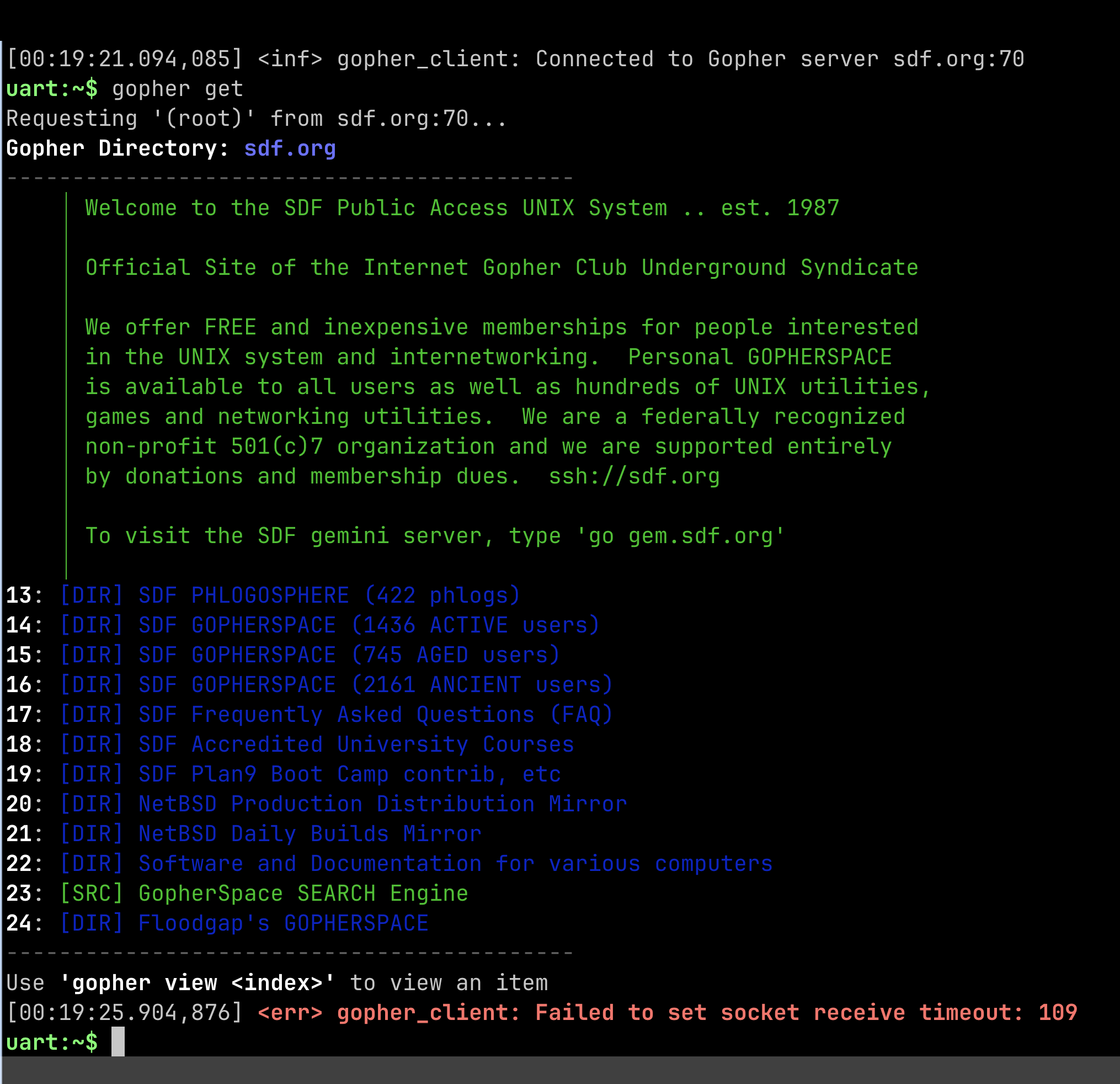 sdf.org in full-color Gophyr, running on an nRF7002-DK